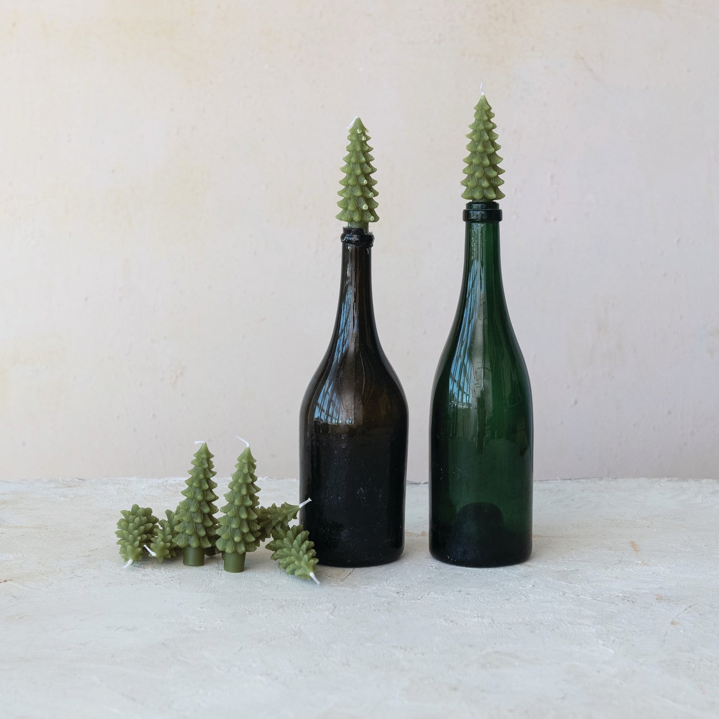 Unscented Tree Shaped Bottle Taper Candles in Box, Green, Set of 4