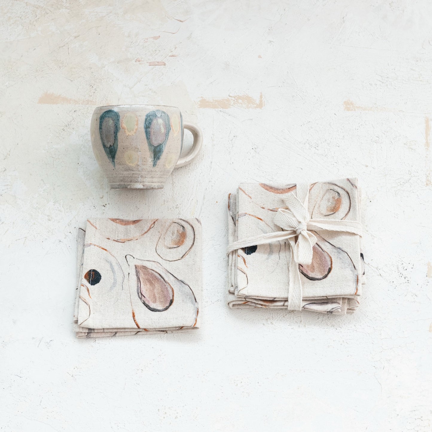 Cotton & Linen Printed Cocktail Napkins w/ Oysters Pattern, Set of 4 ©