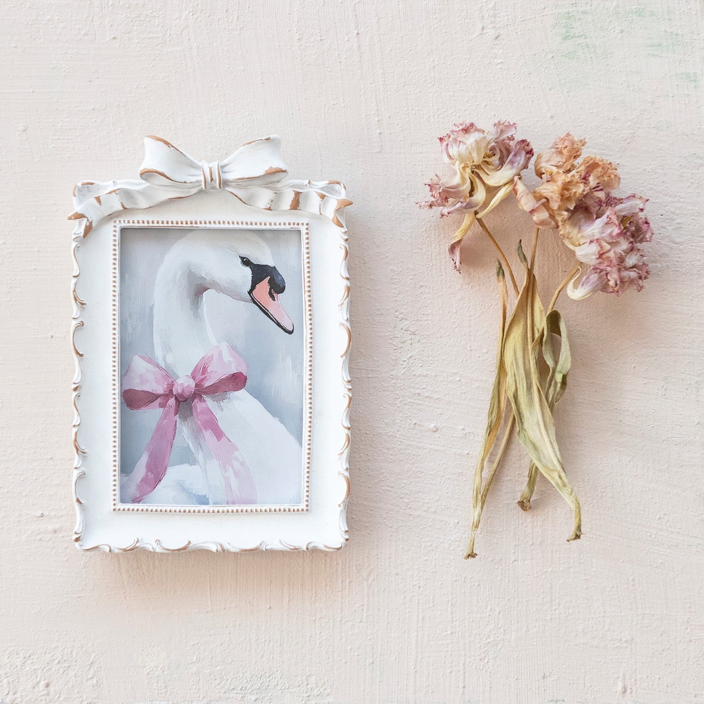 Photo Frame with Bow, Antique White & Gold Finish (Holds 4" x 6" Photo)