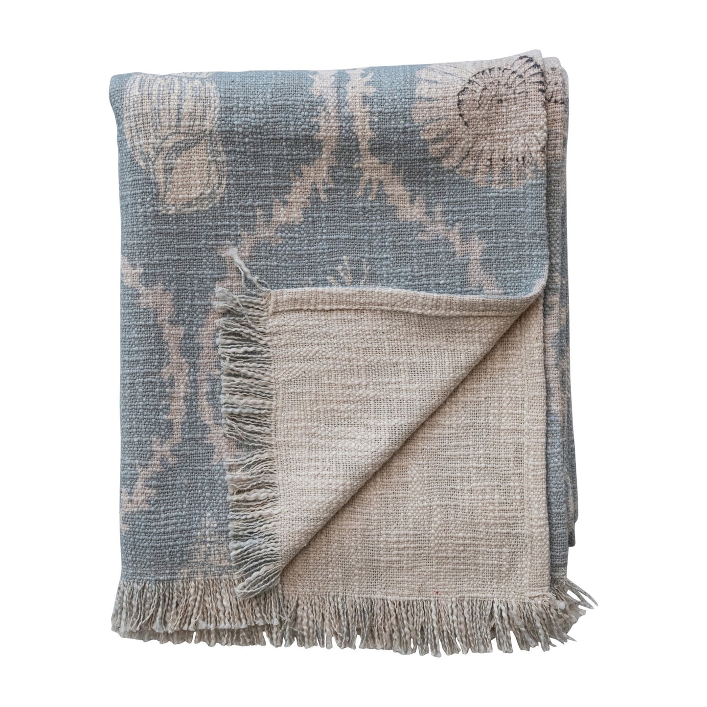 Cotton Slub Throw with Coral & Shells Ogee Pattern, Blue & Natural