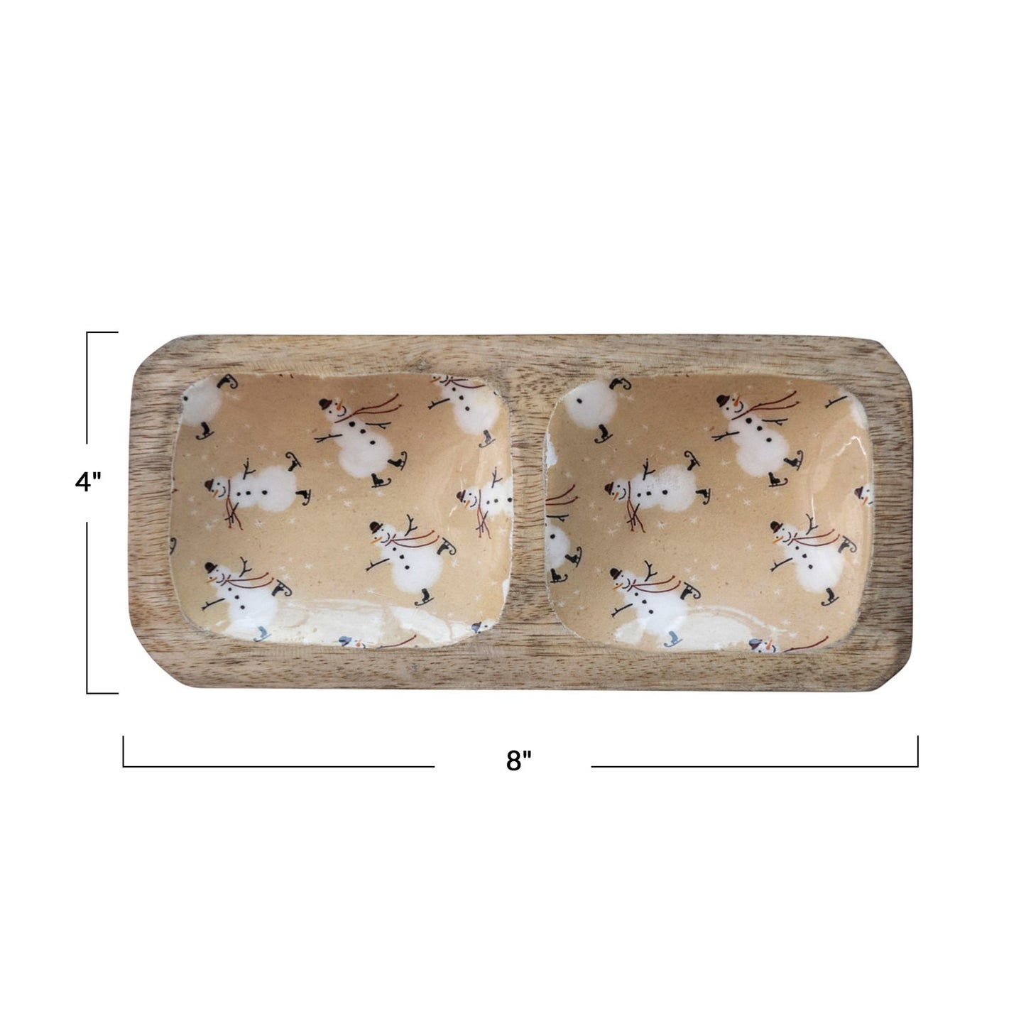 Snowman Pattern Mango Wood Tray w/ 2 Sections