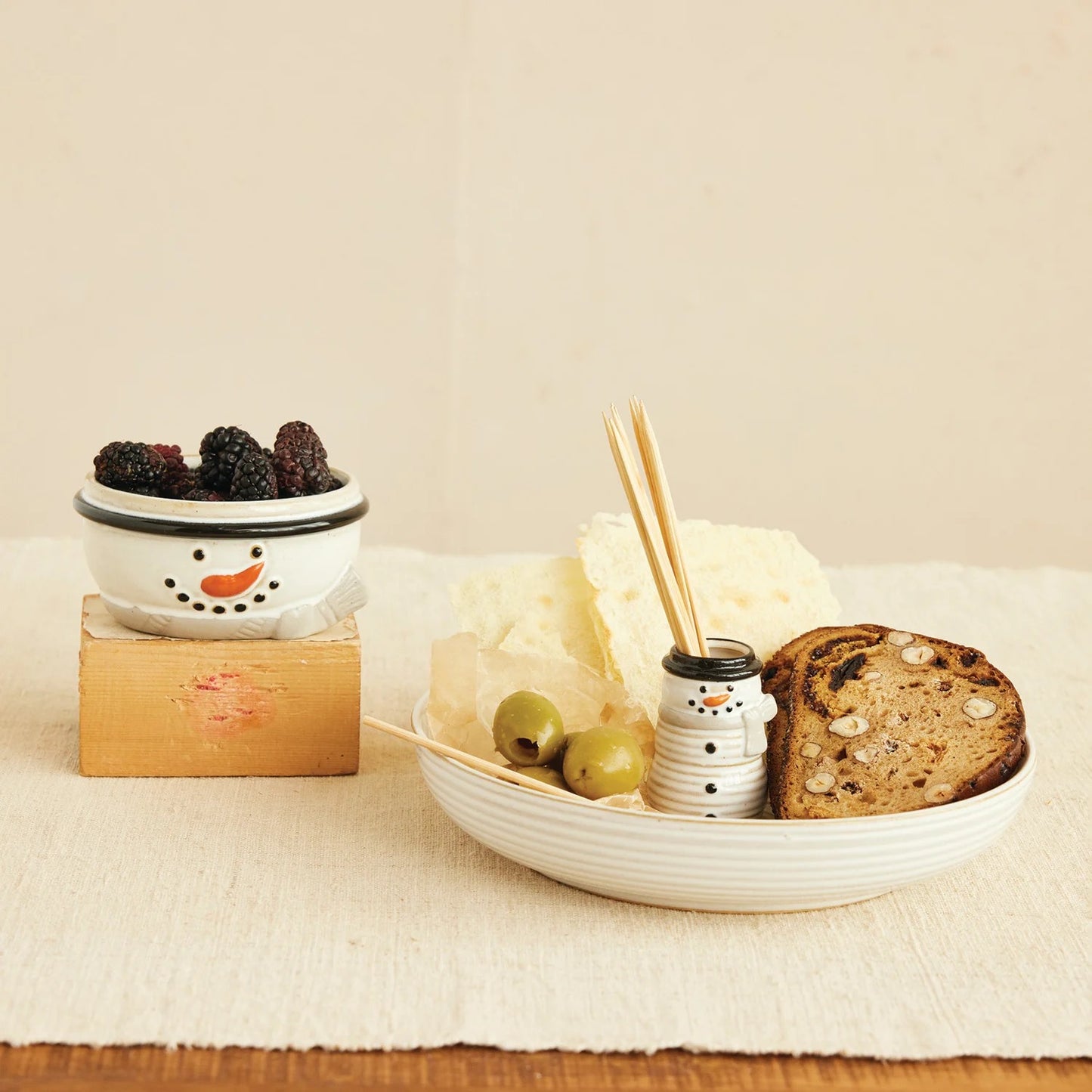Stoneware Bowl with Snowman Shaped Toothpick Holder (Each Will Vary)