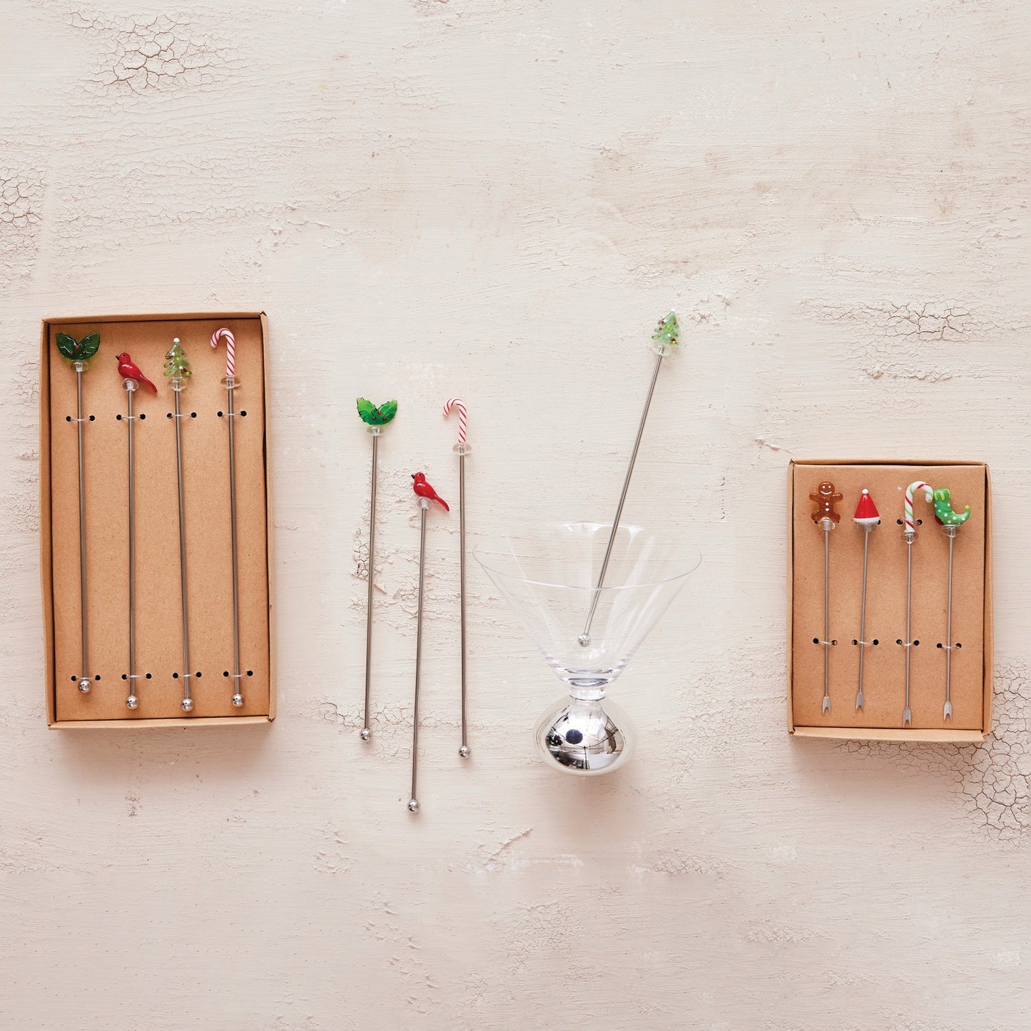 Cocktail Stirrers with Hand-Blown Glass Icons, Boxed Set of 4