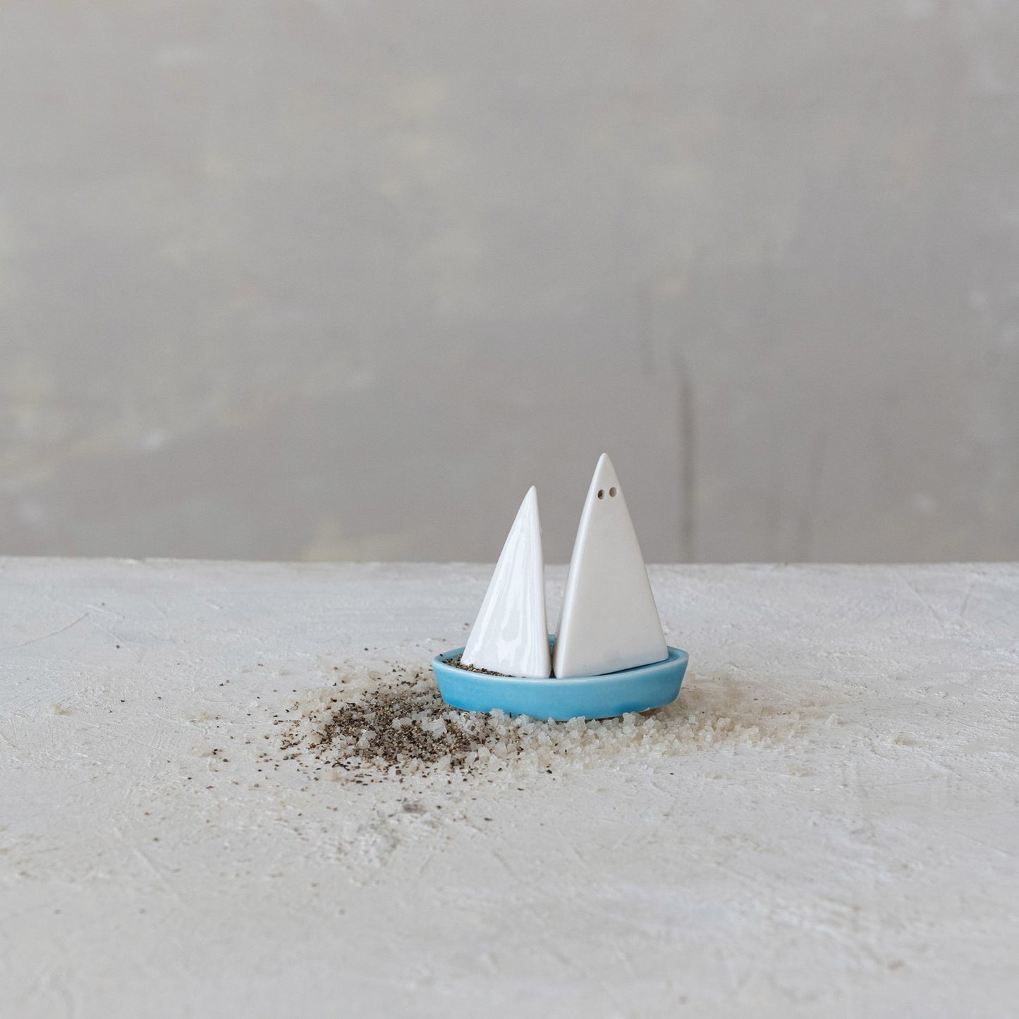 Set (3 pcs.) Stoneware Sail Shaped Salt & Pepper Shakers