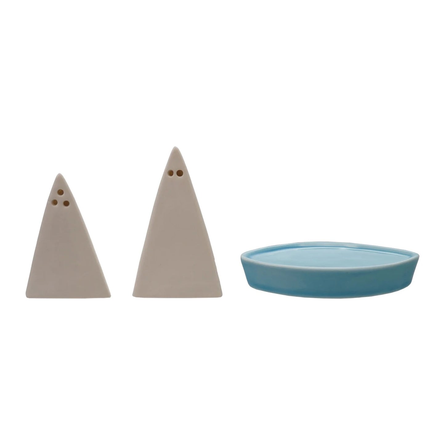 Set (3 pcs.) Stoneware Sail Shaped Salt & Pepper Shakers