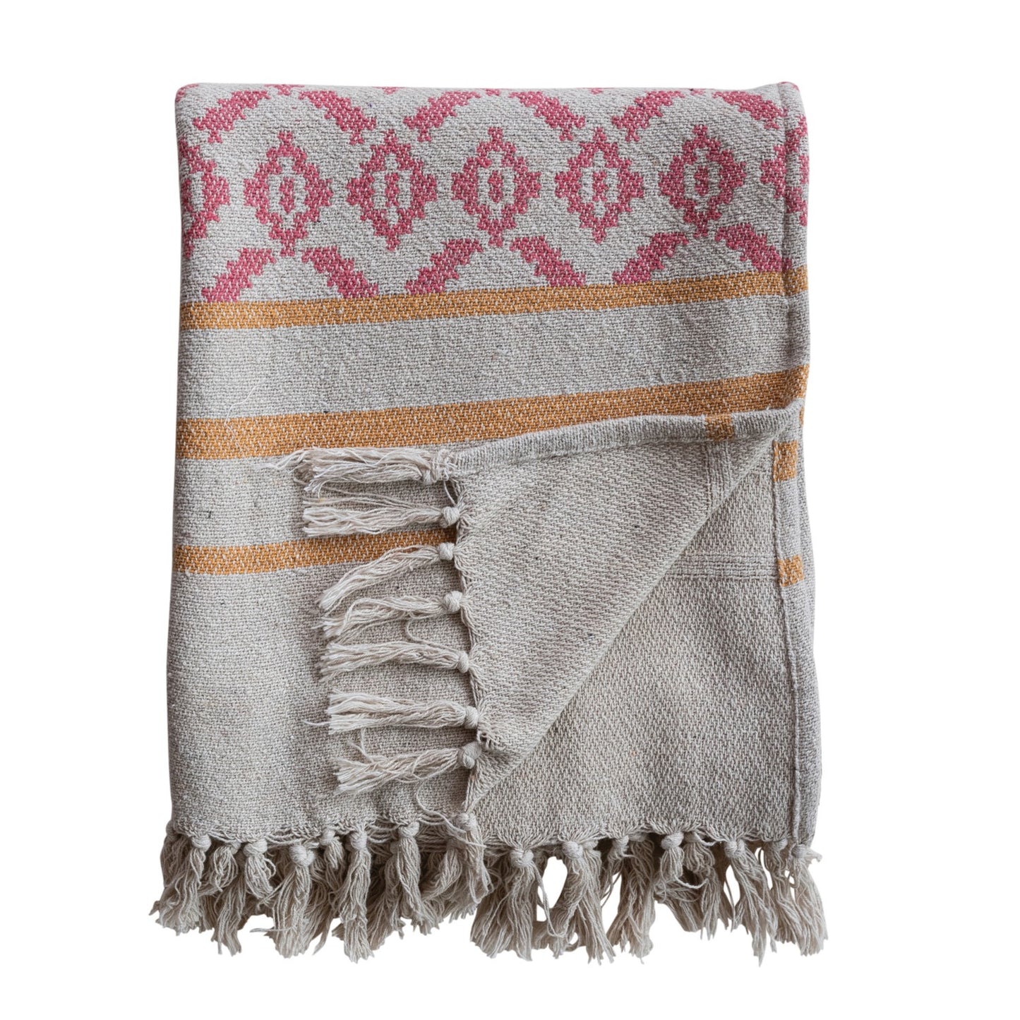 Woven Recycled Cotton Blend Jacquard Throw with Stripes & Tassels