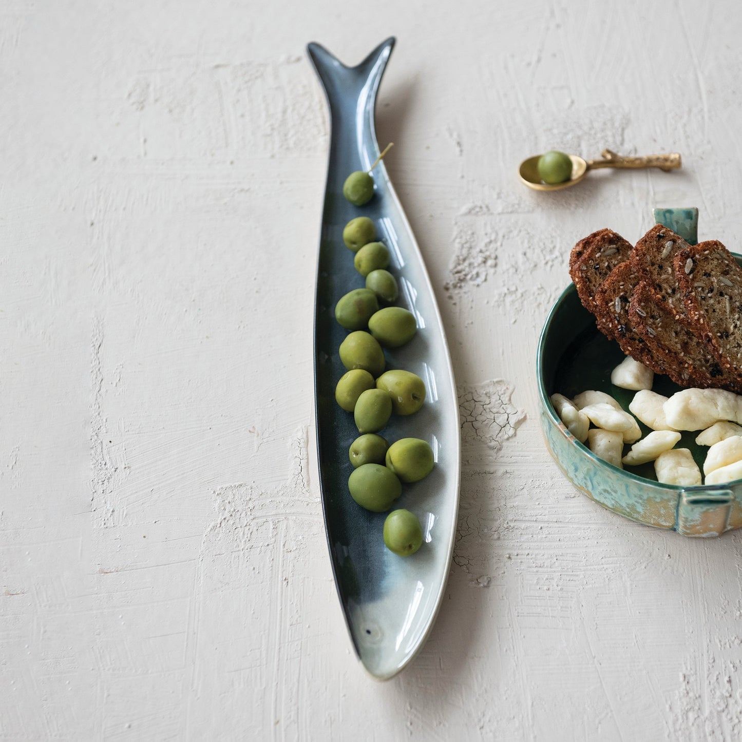 Stoneware Sardine Shaped Dish, Grey & White