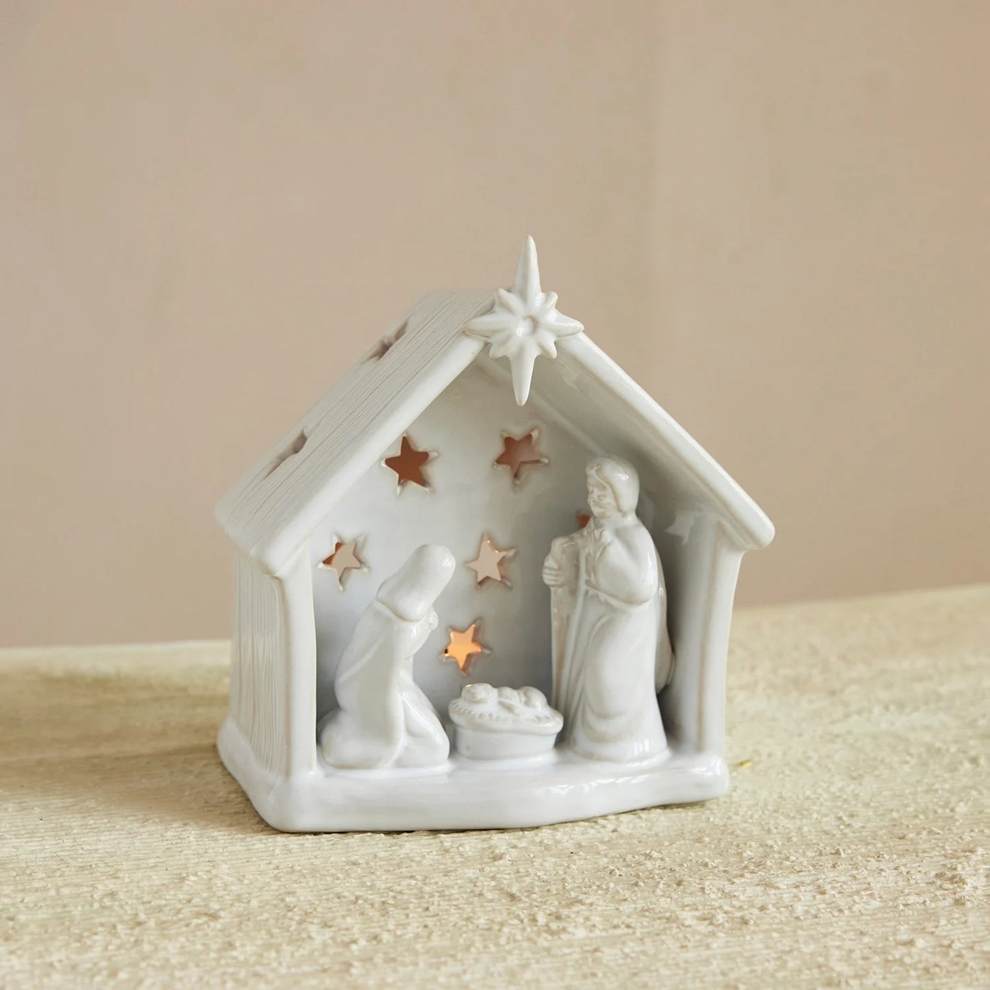 Stoneware Holy Family Tealight Holder with Star Cut-Outs, White
