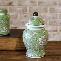8.6" Green Floral Ginger Jar w/Raised Lid