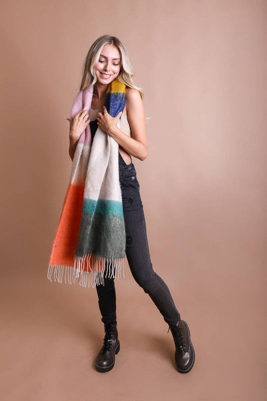 Green/Orange Winter Color Block Faux Mohair Scarf