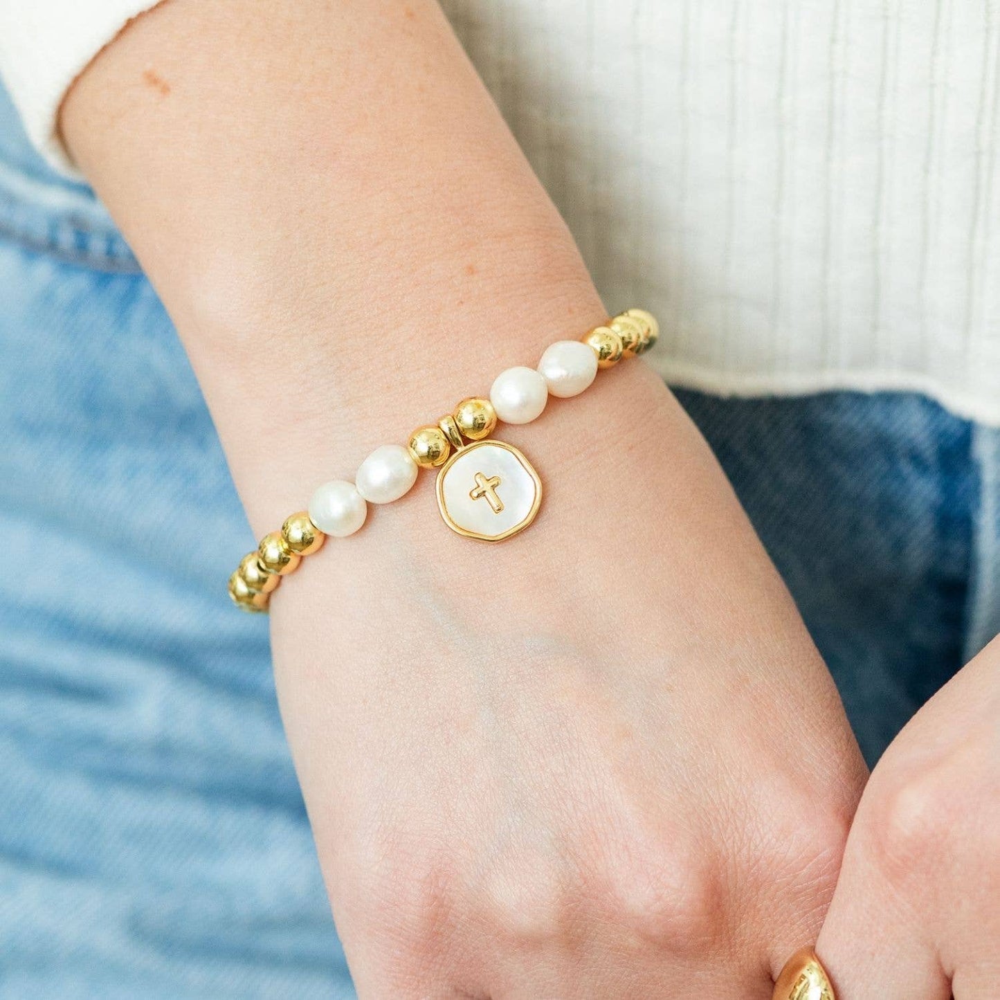 Cross + Pearls Stretch Charm Bracelet