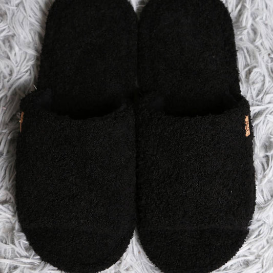 Black Open Toe Solid Luxury Soft Home Slippers