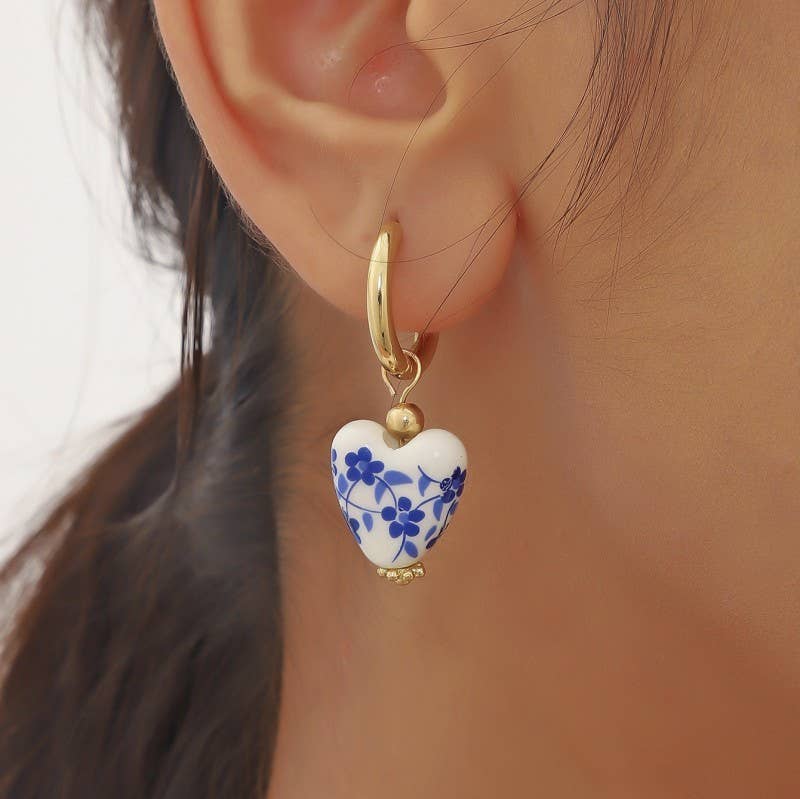 Ceramic Porcelain Heart Huggie Hoop Earring