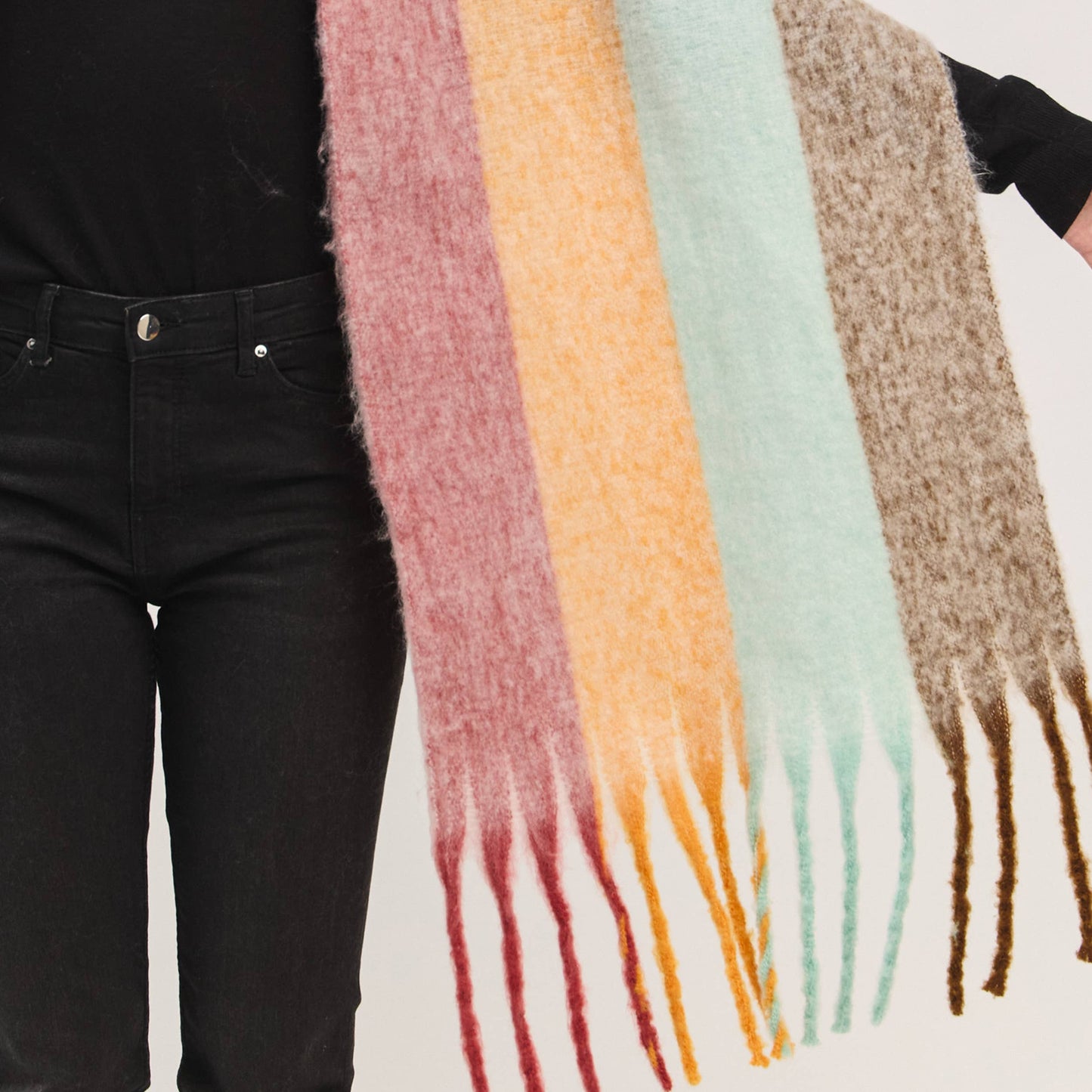 Orange Solid Brushed Color Stripe Block Fringe Scarf
