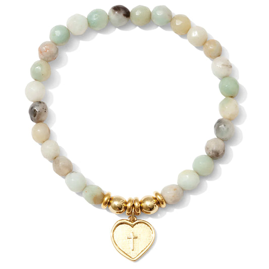 Stretch Stone Bracelet With Heart Cross Charm (2 Colors)