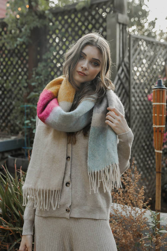 Lt.Blue/Oatmeal Winter Color Block Faux Mohair Scarf