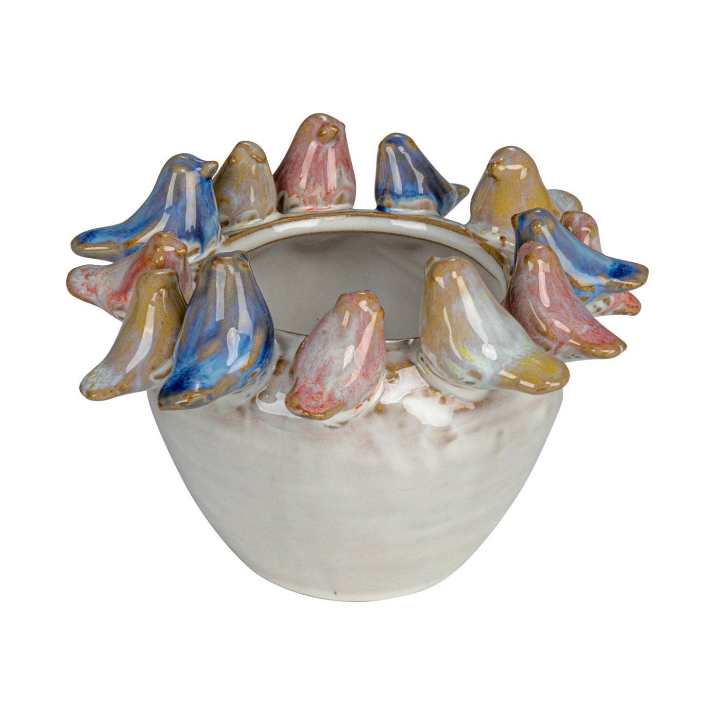 Stoneware Planter w/ 3D Birds on Rim, Reactive Glaze (Each One Will Vary)