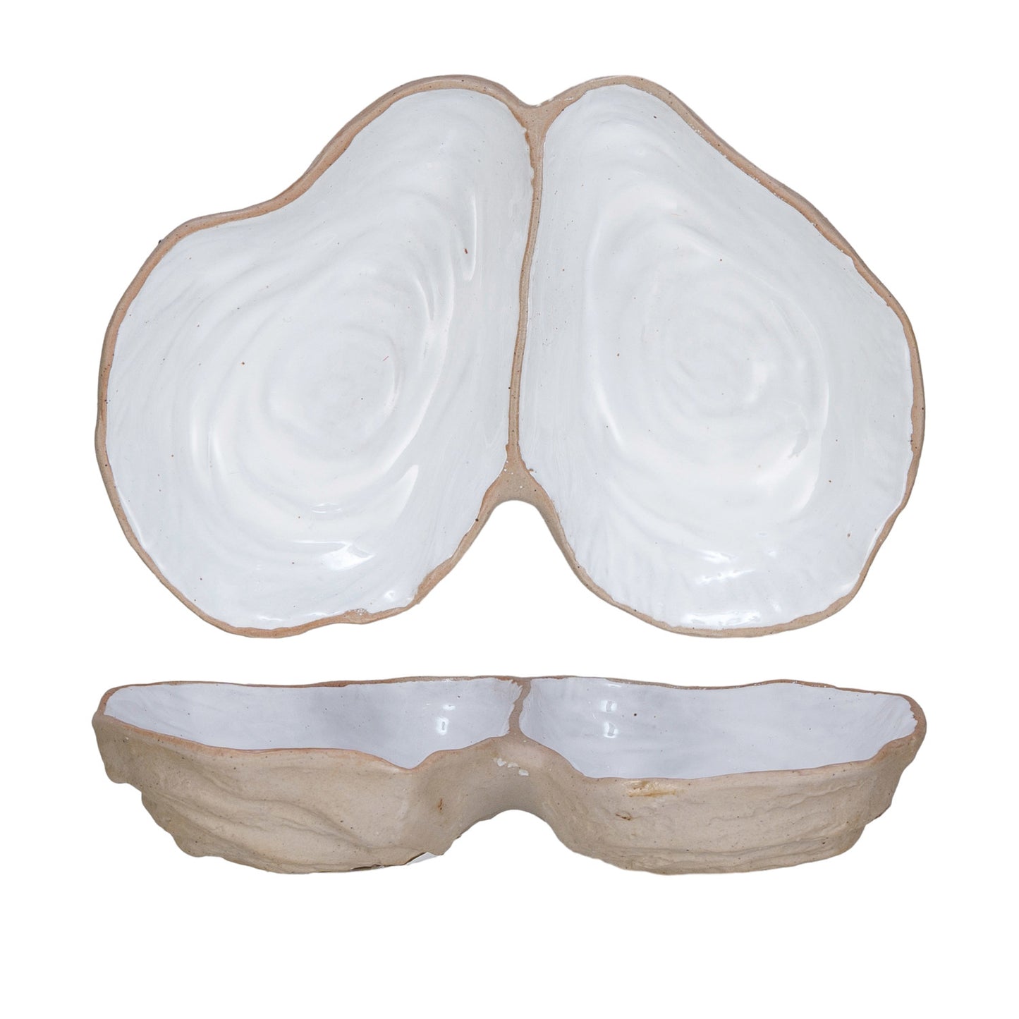 Stoneware Oyster Shell Shaped Dish w/ 2 Sections (Each One Will Vary)