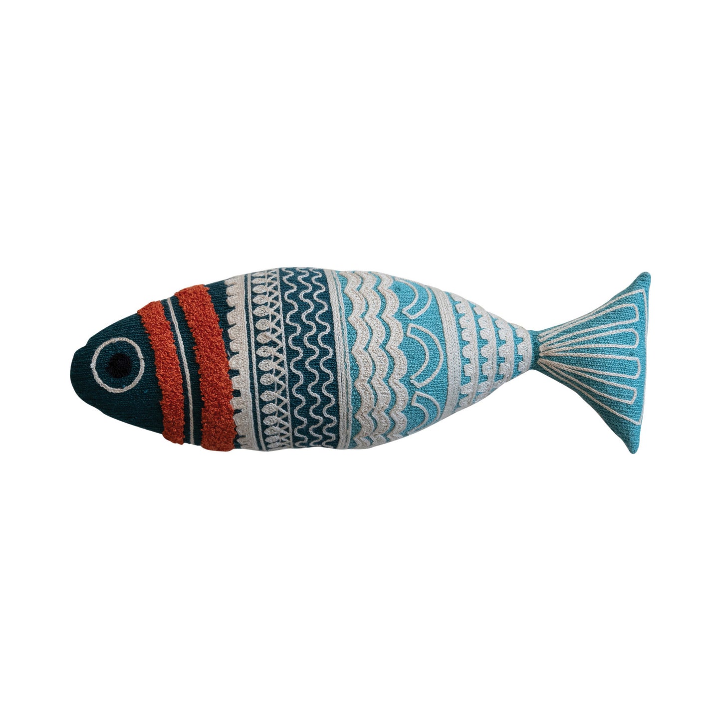 14"L x 3"H Embroidered Cotton Fish Shaped Pillow