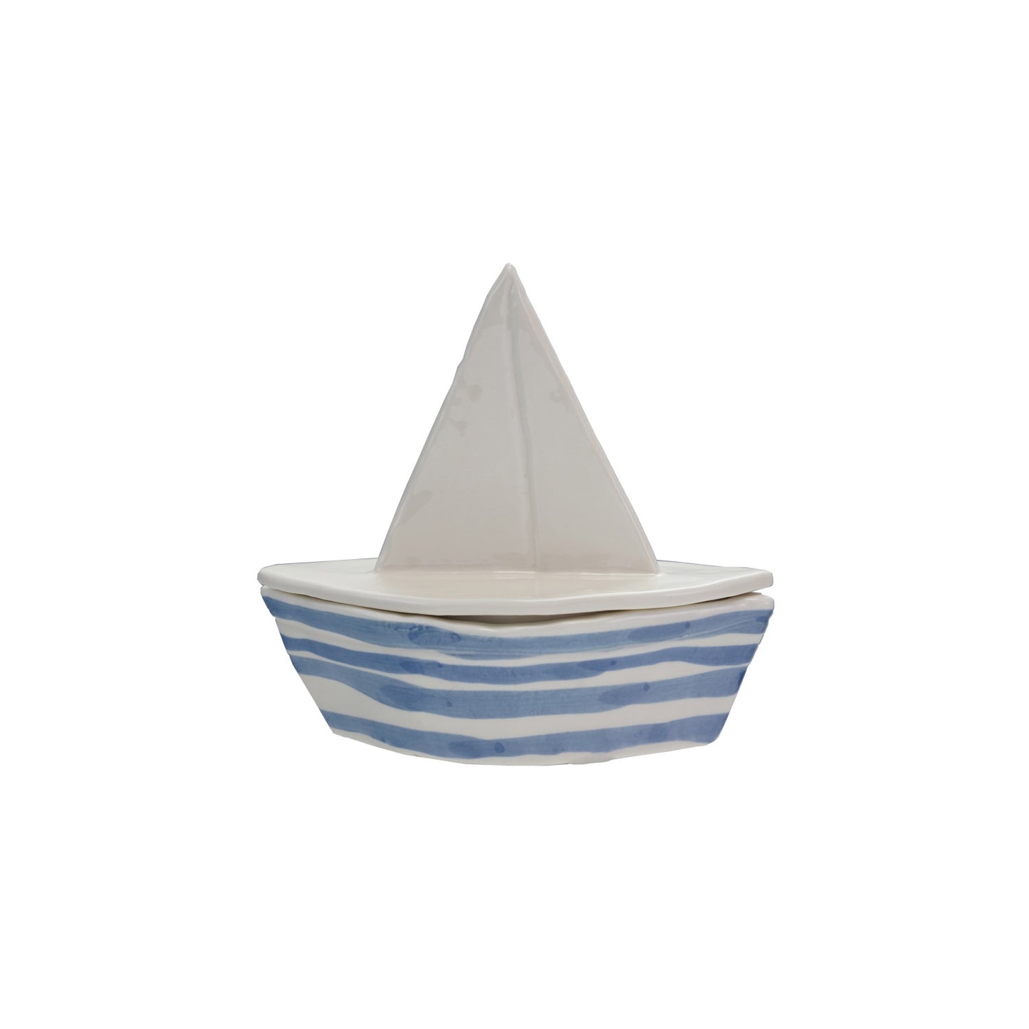 Stoneware Sailboat Shaped Box with Stripes, Blue & White ©