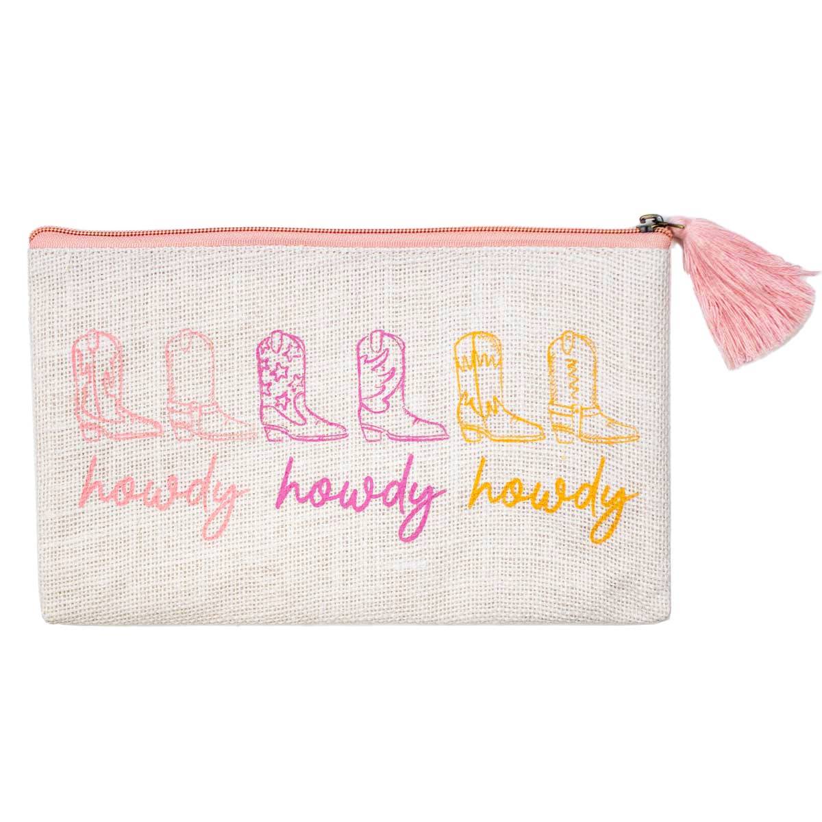 Howdy Cowgirl Jute Cosmetic Bag White/Pink/Orange 10x6