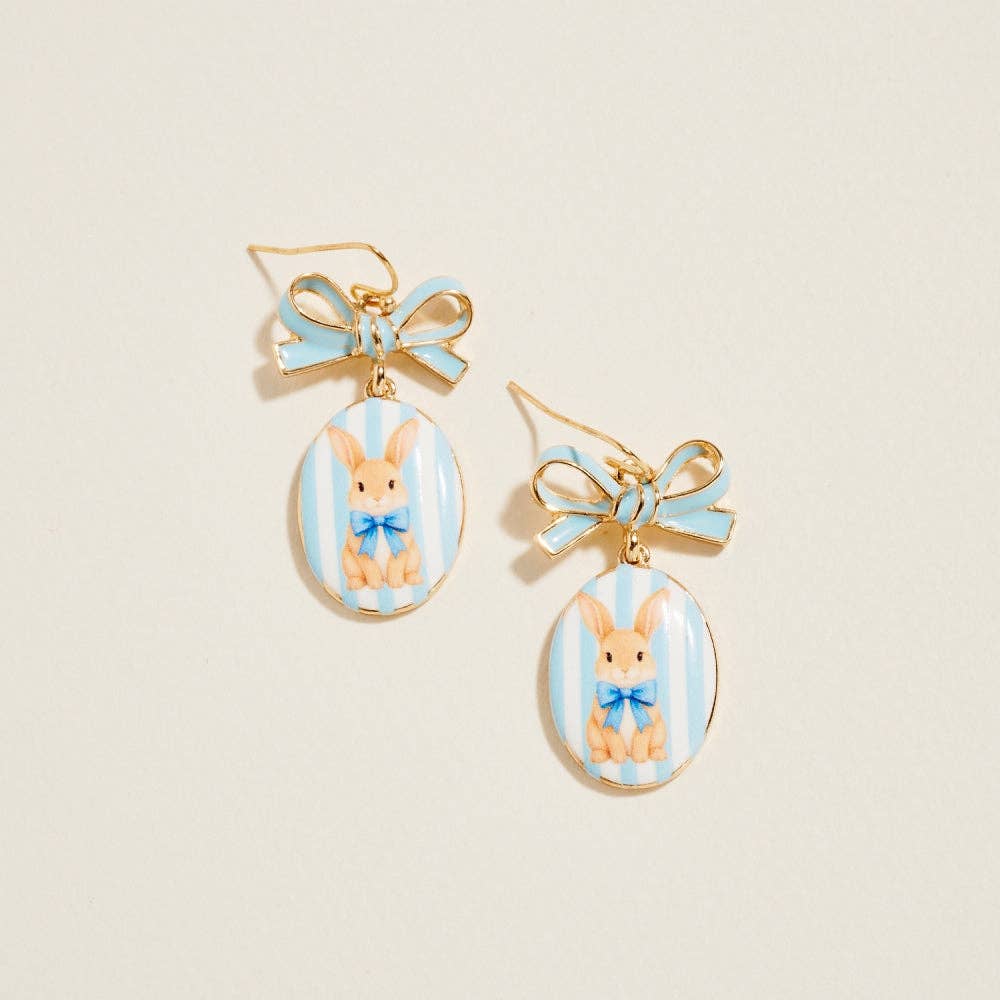 Light Blue Easter Rabbit Enamel Bow Ribbon Hook Earrings