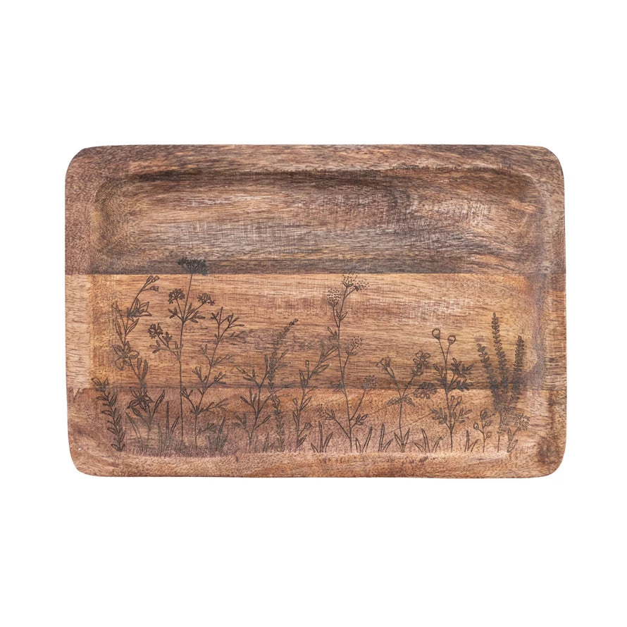 Mango Wood Etched Botanical Tray