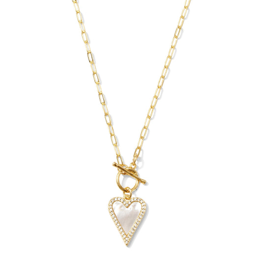 Gold MOP Pave Heart Toggle Pendant Necklace