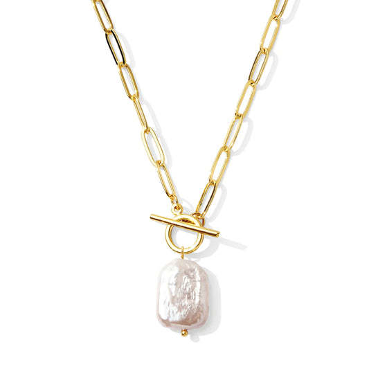 Baroque Pearl Pendant on Gold Toggle Paperclip Chain