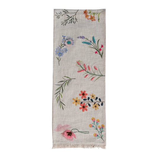 Cotton Slub Printed Table Runner With Flowers, Embroidery & Fringe