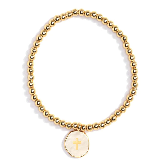 White Cross Accented Shell Charm Stretch Bracelet