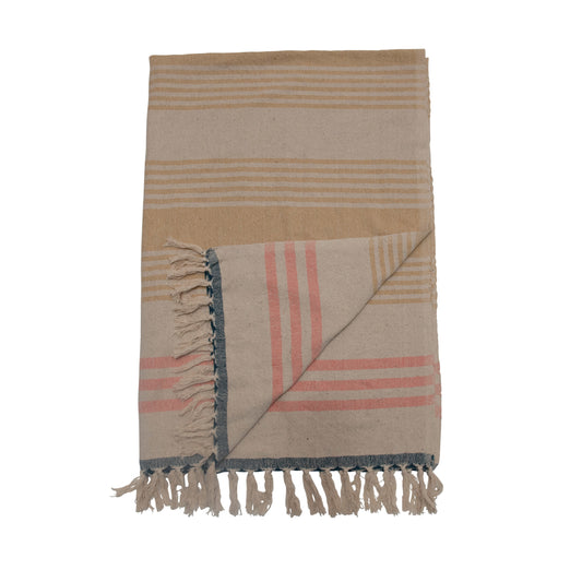 Multi Woven Cotton Blend Throw with Stripes and Fringe