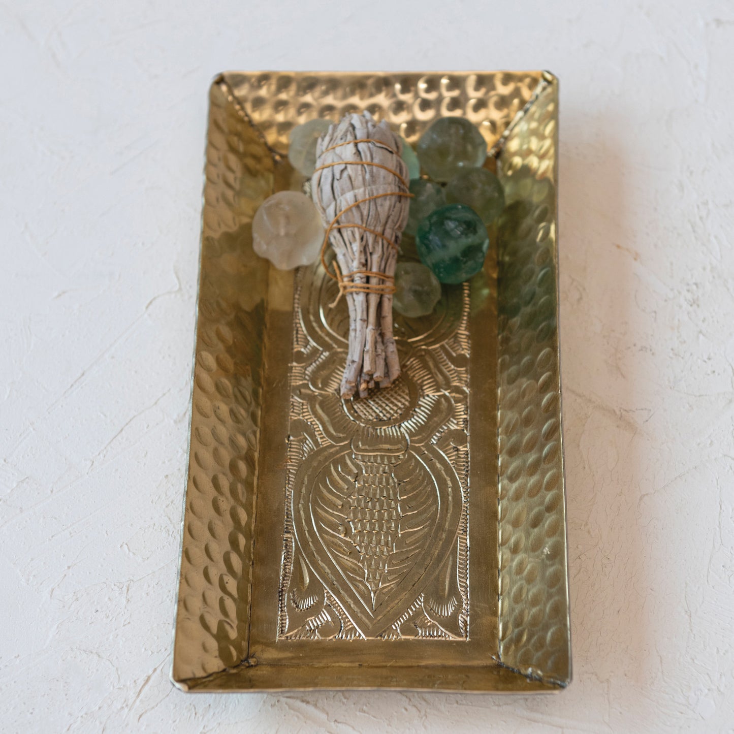 Decorative Hammered Aluminum Tray With Stamped Design, Gold Finish