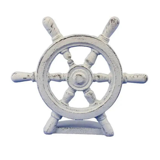 Whitewashed Cast Iron Ship Wheel Door Stopper