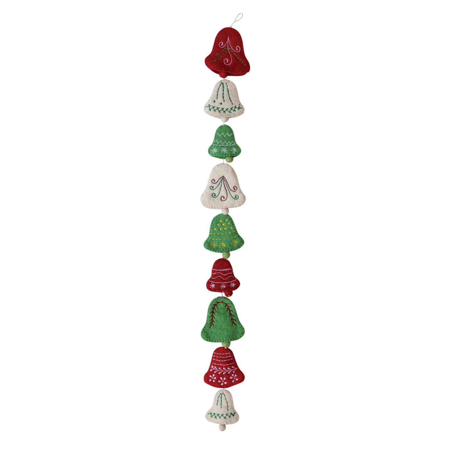 72"L Handmade Wool Felt Bell Garland w/ Embroidery, Cream Color, Red & Green