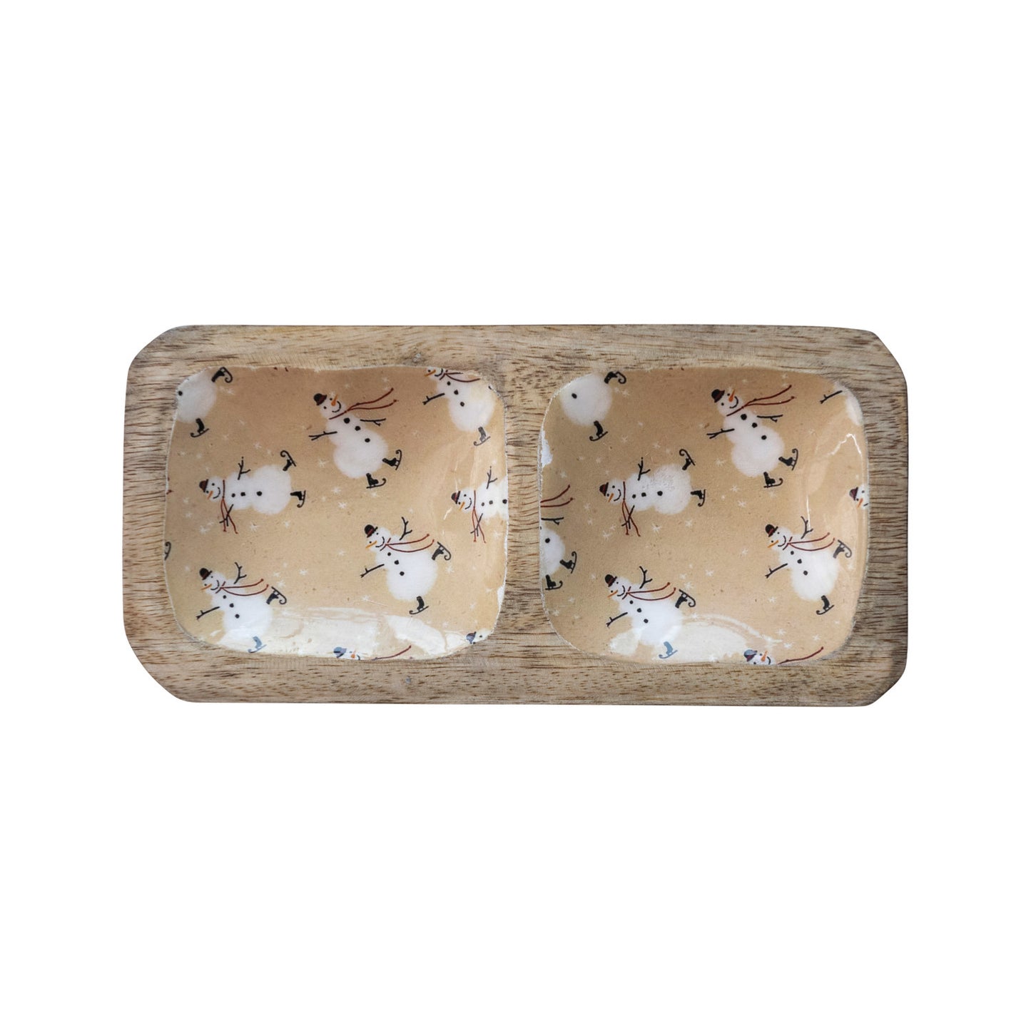 Enameled Mango Wood Tray w/ 2 Sections & Snowman Pattern, Multi Color