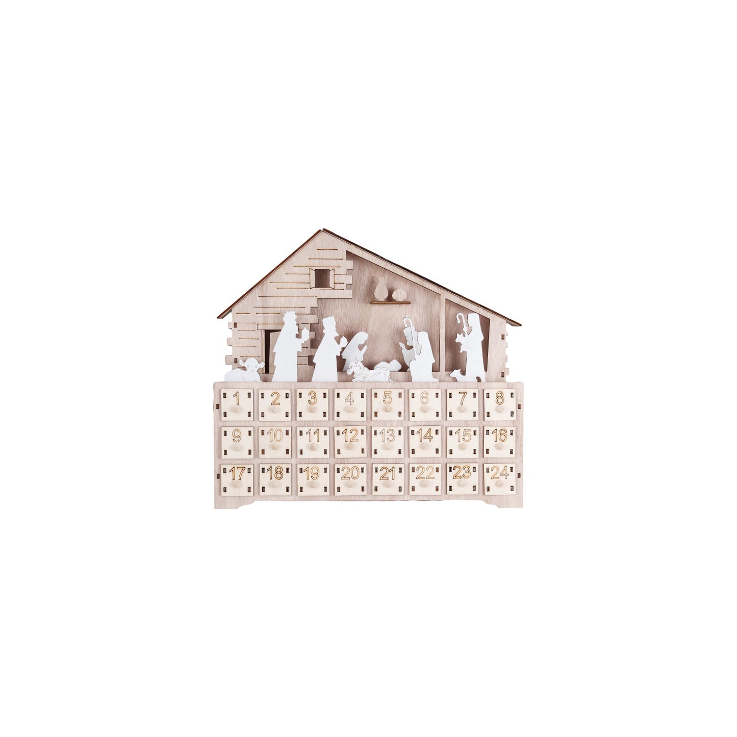 Laser Cut Wood Nativity Advent Calendar w/ 24 Drawers & LED Light