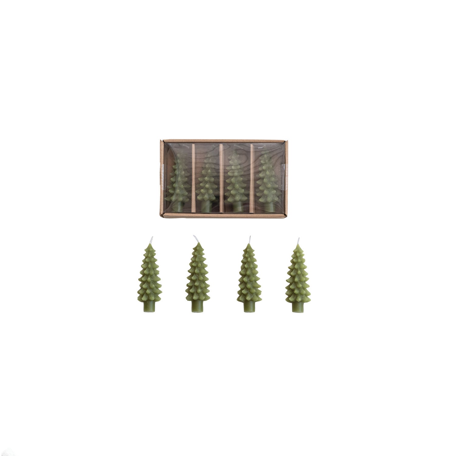 Unscented Tree Shaped Bottle Taper Candles in Box, Green, Set of 4
