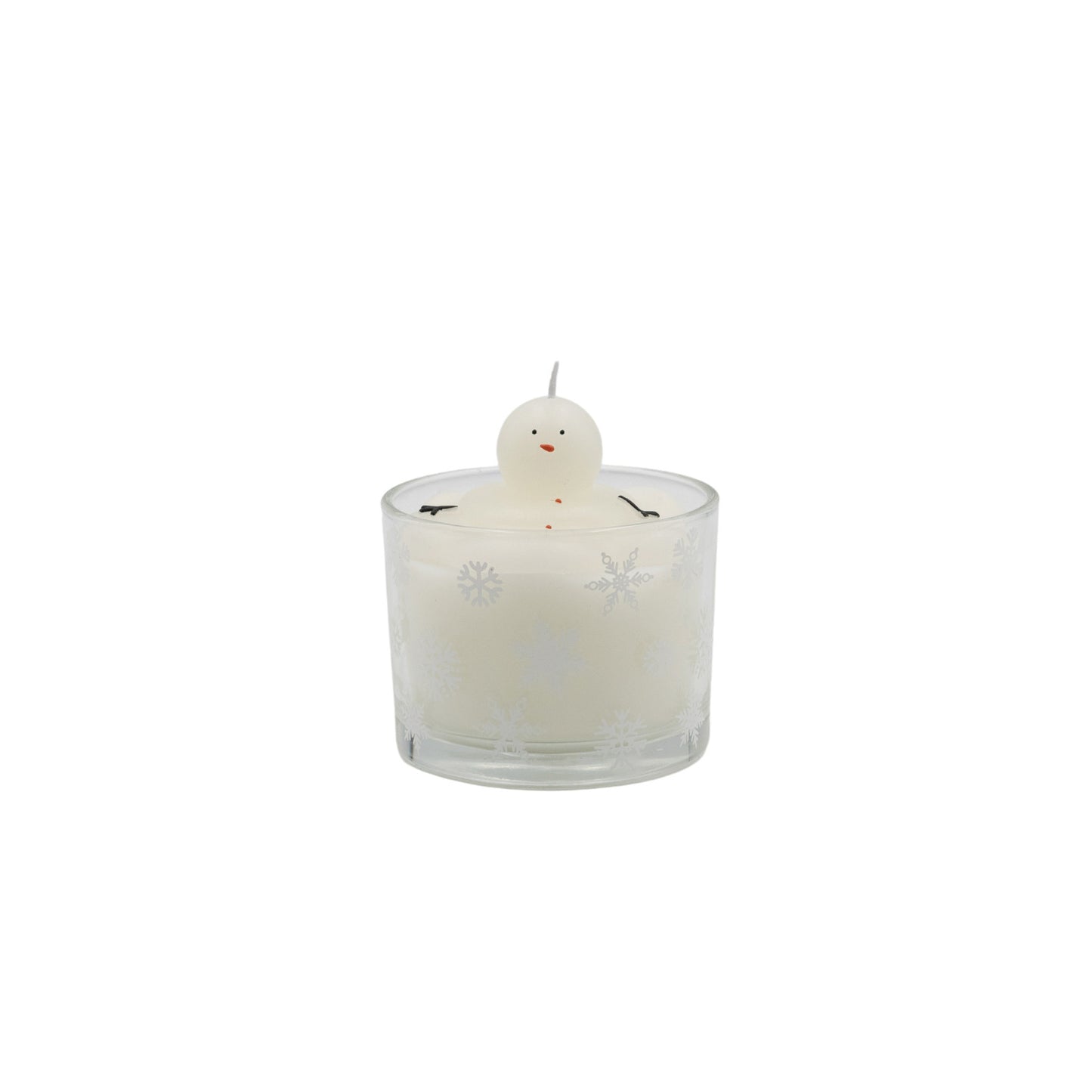 Unscented Melting Snowman Candle In Glass Vessel with Snowflakes, White