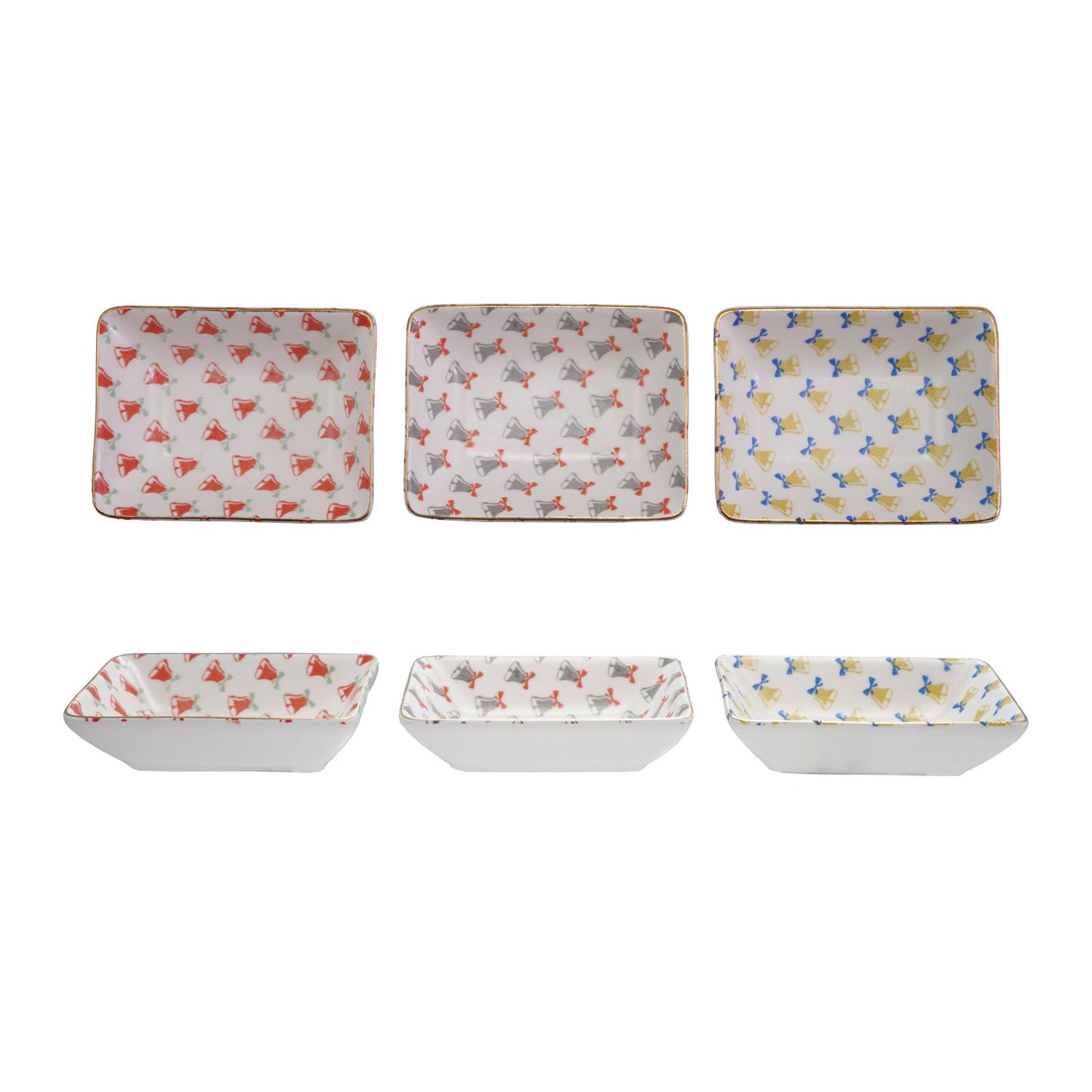 Stoneware Dish with Bell Pattern & Gold Color Rim, 3 Styles