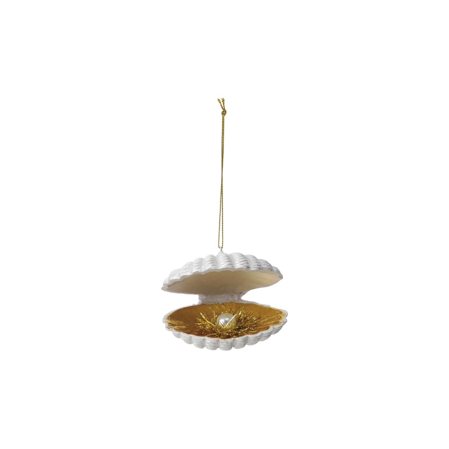 Resin Clam Ornament with Faux Pearl & Tinsel, Gold Finish & White