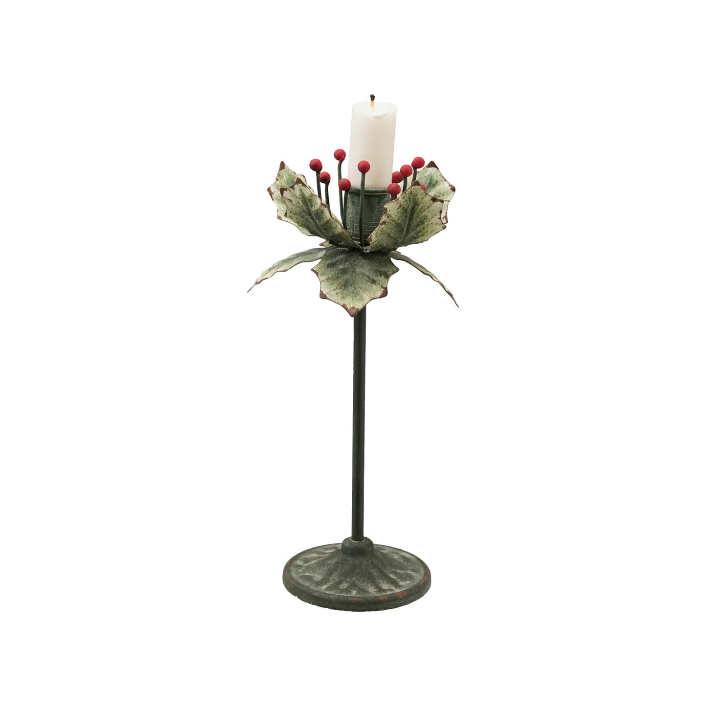 Painted Metal Holly Leaf Shaped Taper Holder, Green & Red