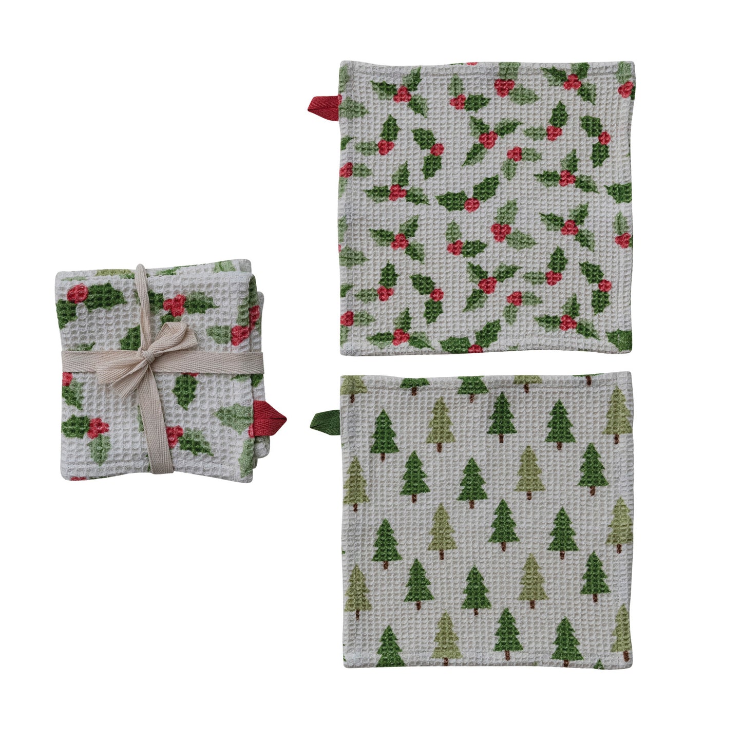 Cotton Printed Waffle Weave Dish Cloths, Set of 2 Tied with Cotton Tape