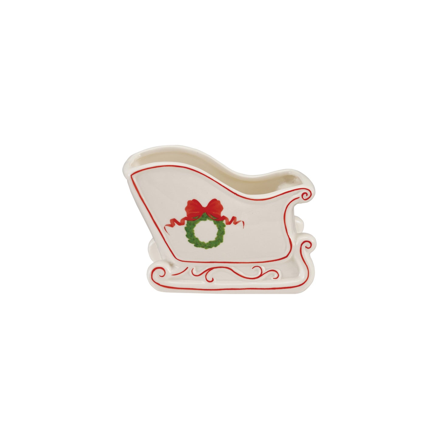Stoneware Sled Shaped Container with Wreath & Bow