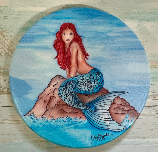 Red Mermaid Round Coaster by Cheryl Zapata Art