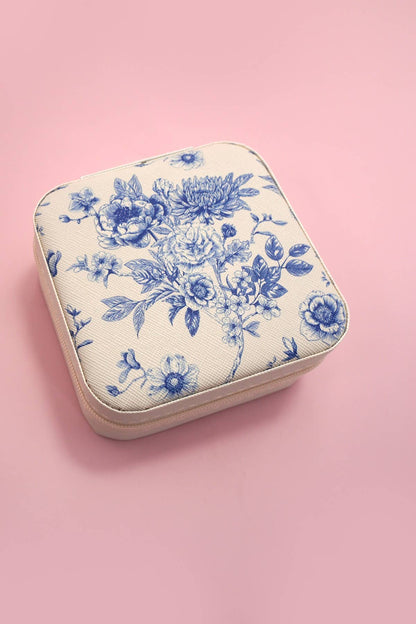 Blue Floral, Jewelry Organizer Travel Box Case