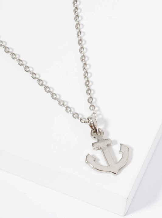 Polished Metal Anchor Pendant Necklace: Rhodium
