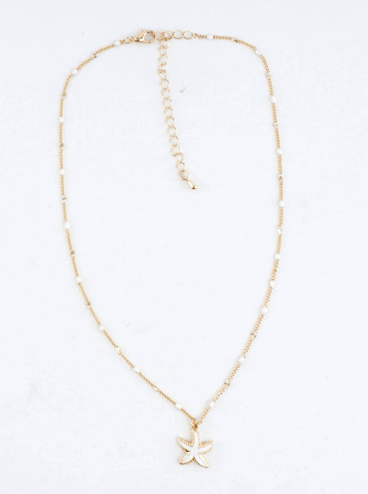 Starfish Enameled Pendant Necklace: White