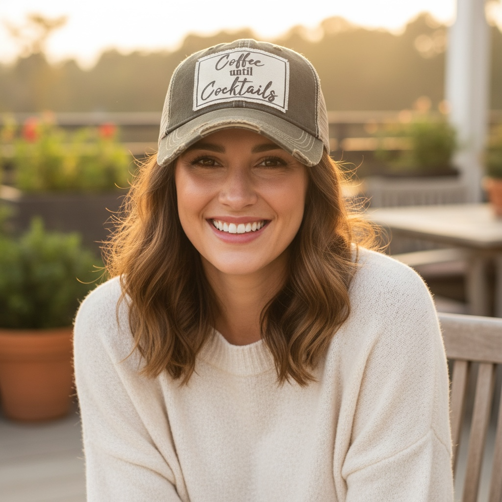Coffee Until Cocktails Distressed Trucker Hat Baseball Cap