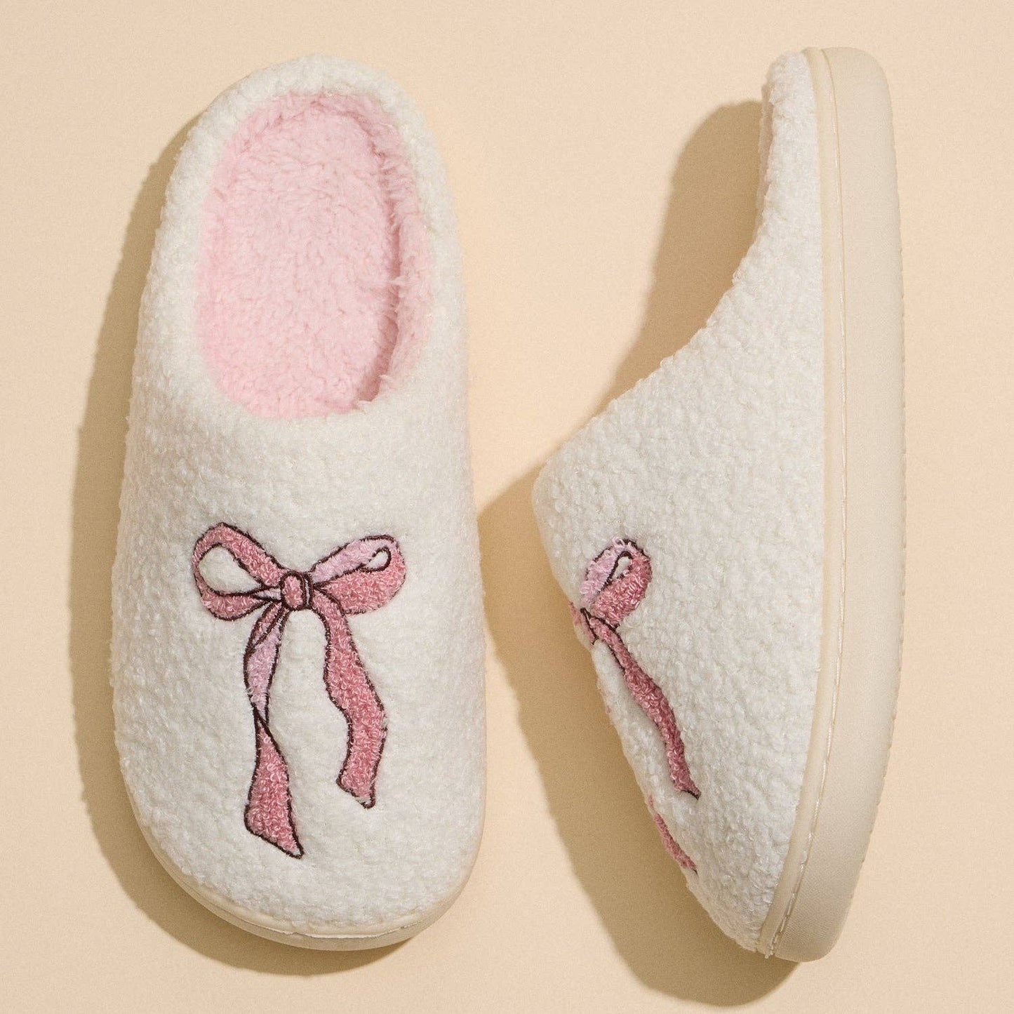Plush Slippers with Soft Pink Bow Detail
